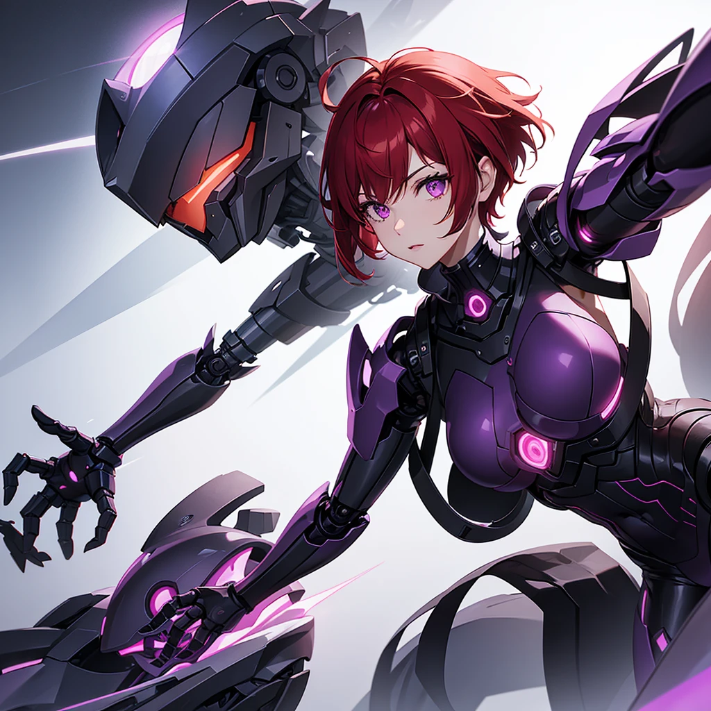 A woman with short red hair and glowing purple eyes, she is wearing a helmet and a futuristic, robotic outfit