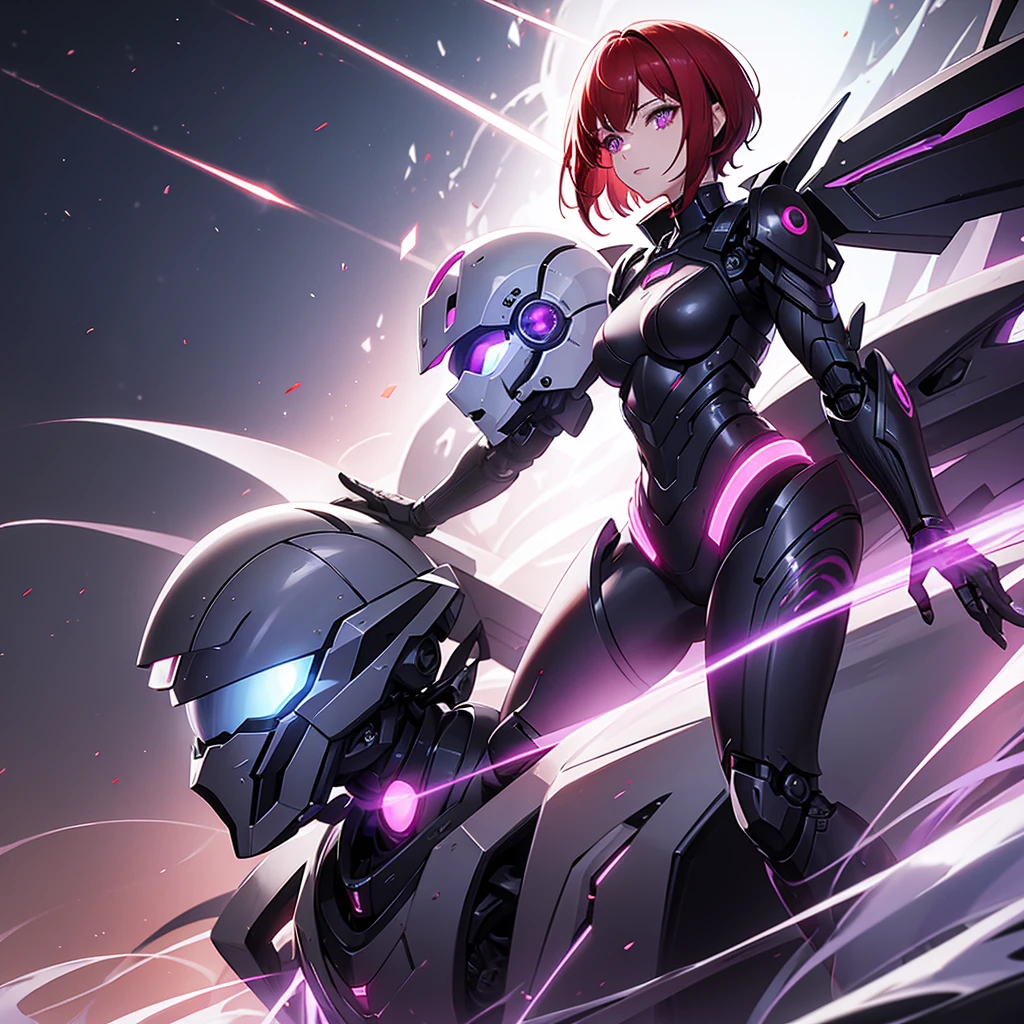 A woman with short red hair and glowing purple eyes, she is wearing a helmet and a futuristic, robotic outfit