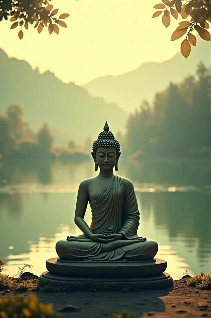Create an image of the Buddha sitting in front of a lake and a green landscape, with a yellowish lighting and film image processing for the wallpaper on my cell phone