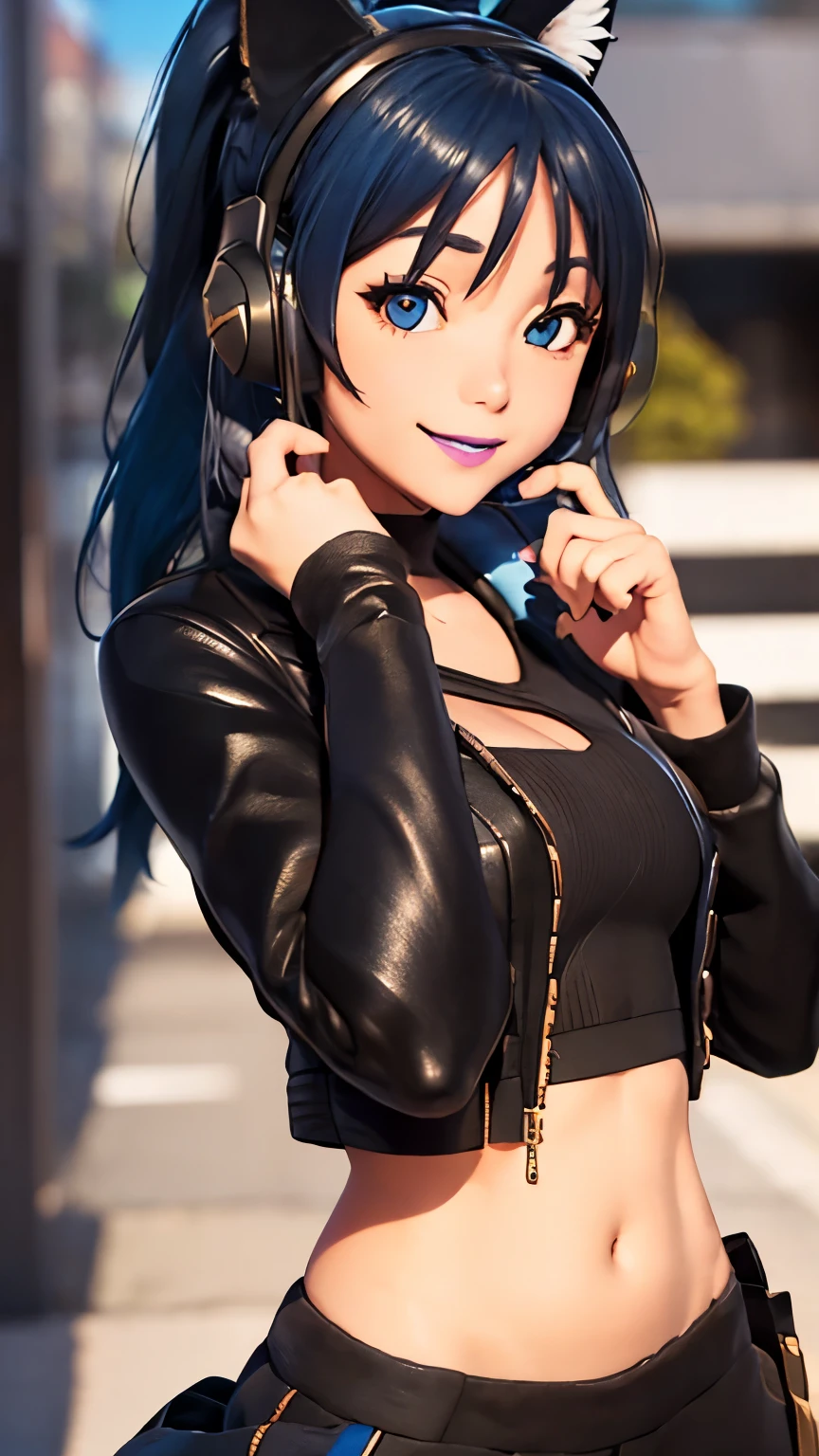 City background, 1girl, solo, HeroicHopeFN, Heroic Hope from fortnite, (crop top, black top, open clothes), (jacket crop top, black jacket, blue loose, jacket loose), head facing viewer, blue hair, ponytail, blue eyes, heart-shaped_pupils, eyeshadow, headphones, cat ears headphones, purple lips, lipsticks, smile, heart, winked, close up, looking at viewer,