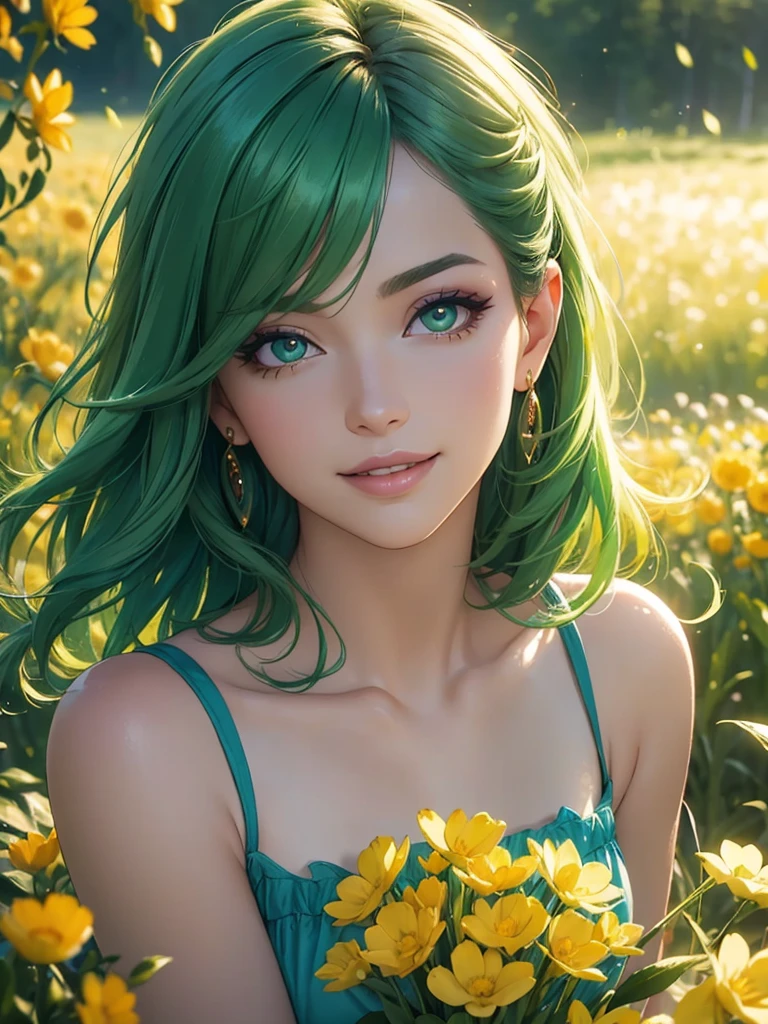 (Best quality,ultra detailed,photorealistic:1.37),Bright and rich colors,studio lighting,playful facial expression,stylish makeup, buttercup,green hair, fluttering in the wind,inviting eyes,glossy lips,sexy pose, I smile confidently and seductively,posing for a professional photo shoot,shallow depth of field,highlighting the main subject,soft natural light,Creating a dreamy and magical atmosphere.