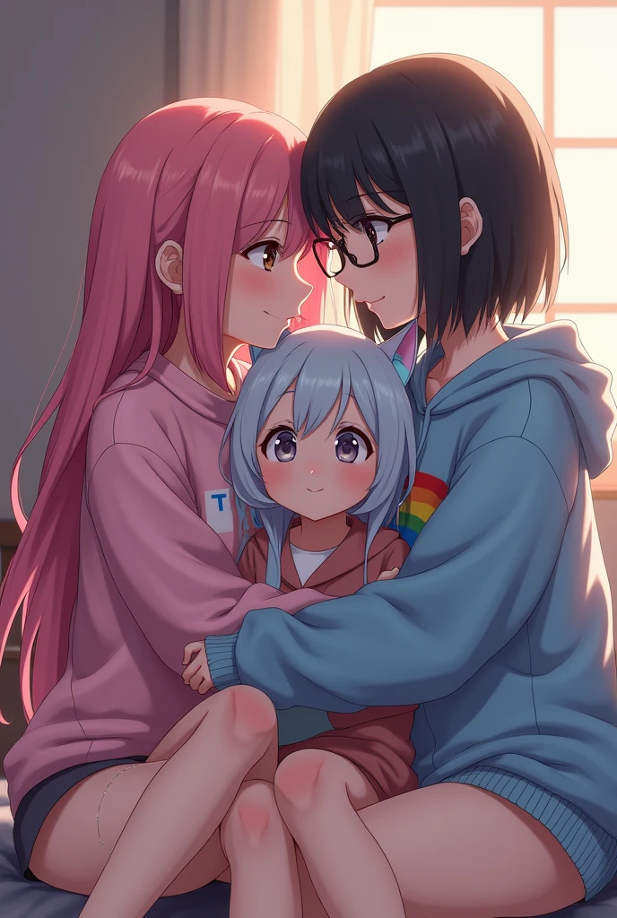 An anime girl threesome, one has long pink hair, eyes browns, e usa uma blusa de among us rosa, the other one has short black hair, black eyes, wears glasses and a gay couple sweatshirt, the other girl is a little bit smaller, has long light blue hair, cat ears and wears a big blue sweatshirt 