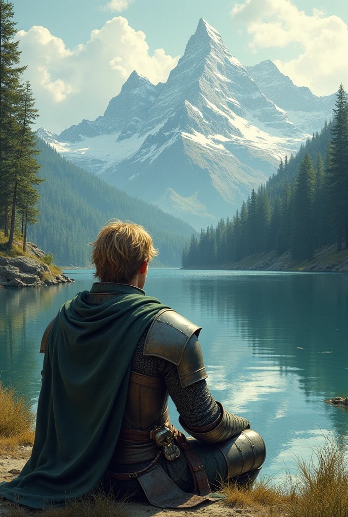 vintage, knight sitting in front of a lake seen from the back, knight has blond brown short hair which is disheveled, mountain background, woods