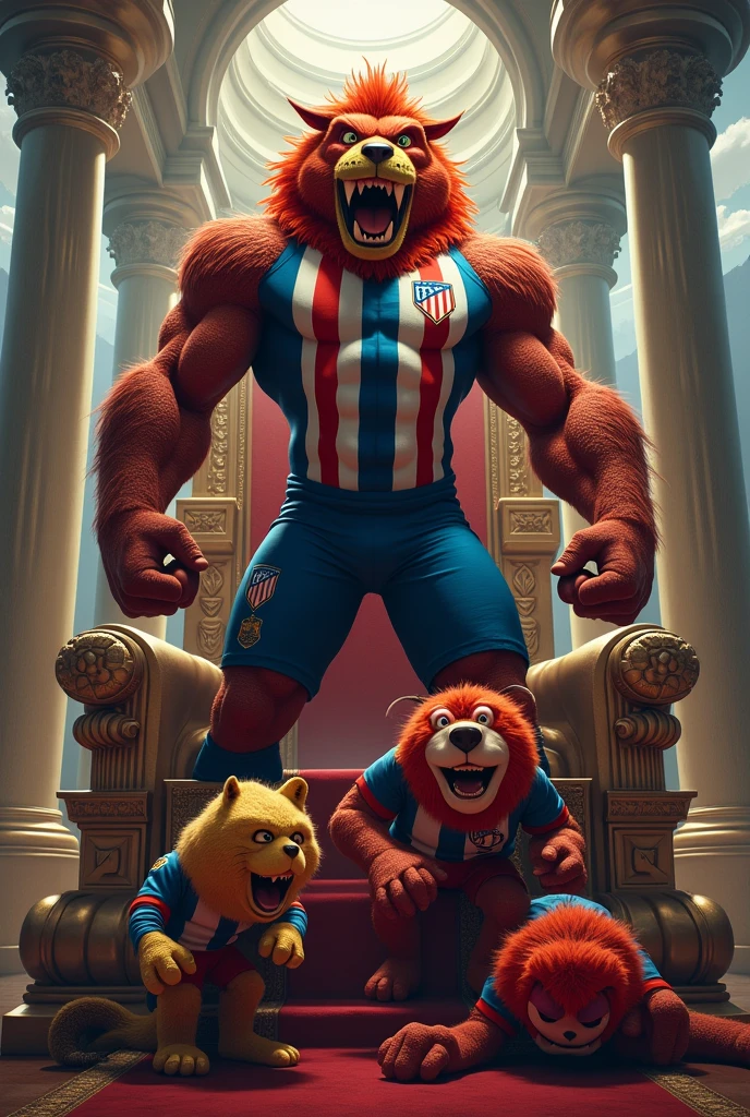 Atlético Mineiro mascot on top of a throne after beating Cruzeiro and Flamengo mascots in a fight