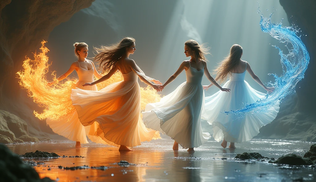 A 3D render of a mesmerizing dance performance with four beautiful young women representing the elements—Earth, Water, Fire, and Air. The ground shifts and rises, water spirals and flows, flames twist and turn, and the wind swirls through it all. The elements interact in perfect harmony, each enhancing the other. The colors blend seamlessly, creating a dynamic scene filled with movement and energy, where the forces of nature perform a synchronized, otherworldly ballet.