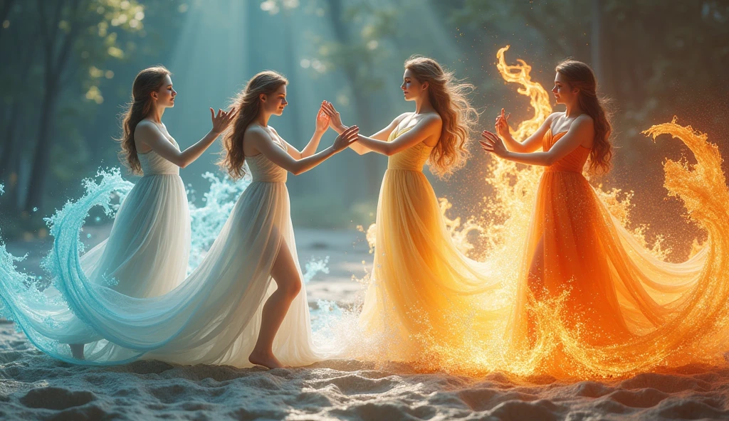 A 3D render of a mesmerizing dance performance with four beautiful young women representing the elements—Earth, Water, Fire, and Air. The ground shifts and rises, water spirals and flows, flames twist and turn, and the wind swirls through it all. The elements interact in perfect harmony, each enhancing the other. The colors blend seamlessly, creating a dynamic scene filled with movement and energy, where the forces of nature perform a synchronized, otherworldly ballet.