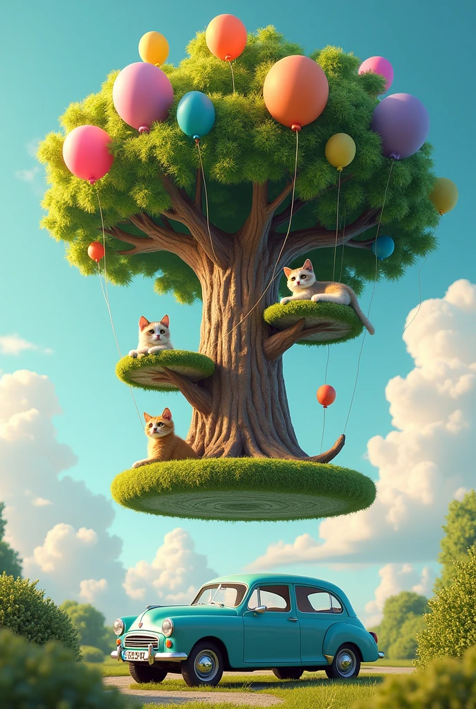 Floating cat tree with balloons and a car underneath