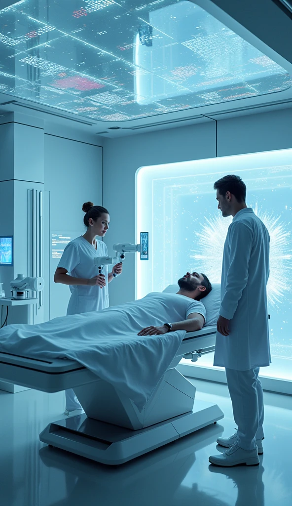 A man receiving treatment in a highly futuristic, immersive hospital room. The room is designed like a high-tech command center with a sleek, rounded structure. The floor is made of reflective, translucent material that shifts colors based on the activity in the room. The central feature is a large, transparent pod that encloses the man, equipped with glowing circuits and holographic projections scanning his veins.
Around the pod, four doctors operate advanced, floating control panels and handheld devices with dynamic, holographic interfaces. These devices are connected to robotic arms that perform precise tasks, like adjusting settings or analyzing data. The room's walls are lined with large, curved screens displaying real-time 3D visualizations of the man's condition, and interactive panels respond to touch.
The ceiling is an intricate array of adjustable light panels and projections that create a calming, ever-changing ambiance, with visual effects that complement the futuristic theme. The overall atmosphere combines cutting-edge technology with a sci-fi feel, creating a visually captivating and technologically advanced environment.