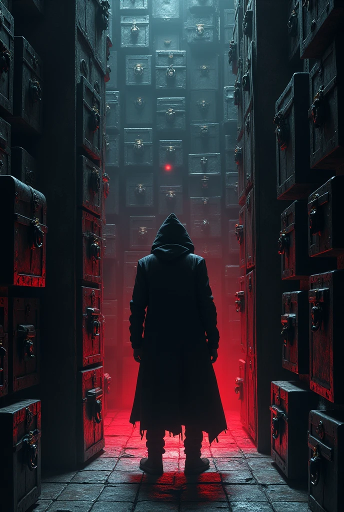 a thief STANDING IN AN OPEN DOOR, ( show the door) OLHANDO EM DIREÇÃO A quarto CHEIO TO THE CEILING DE baús (EACH ONE WITH DIFFERENT LOCKS, all closed) . ONE OF THE CHESTS IS RED, WHILE THE OTHERS ARE BLACK ROOM FULL OF BLACK CHESTS, TO THE CEILING, I NAME THEM A SINGLE RED CHEST, AND NEXT TO IT IS A DOOR WHERE A THIEF IS ENTERING