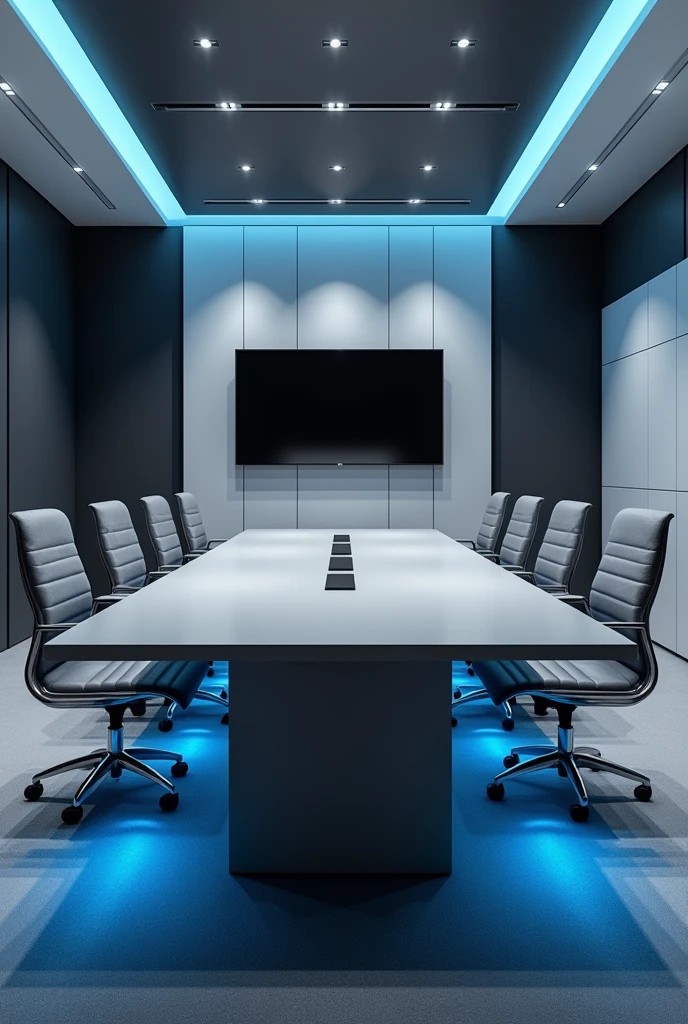 Office with 10-seat conference table in grey with white cabinets and blue lighting below, Grey and black walls and two televisions in front of the table