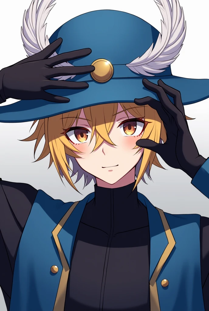 Create a male anime character with blond hair and a blue hat that covers the forehead and sides of the head like a Valkyrie and with white feathers in the back with a black shirt and a blue vest and with black gloves and with his hands touching his head.