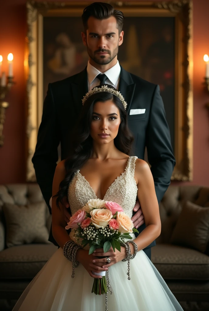 A beautiful, curvaceous woman in a wedding dress, seated with chains around her wrists, holding a bouquet of flowers. She appears confident and stunning, with a healthy and full figure. Behind her stands a tall, imposing man in a suit, exuding a mysterious aura. The background is elegant, with warm lighting that highlights the luxury and drama of the scene, beautiful realistic photography