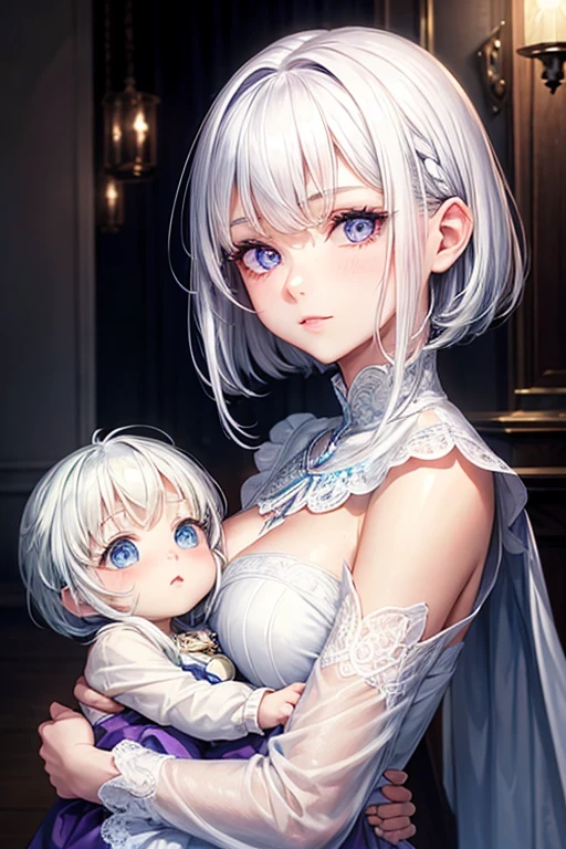 Beautiful girl with short white hair and blue eyes holding a girl with silver white hair and purple eyes