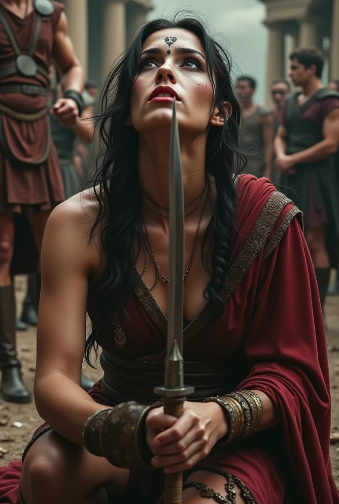 Realism, super quality, action photography style, a defeated woman kneels, her son holds the tip of his sword to the woman's throat, knife stab in the throat, Her head is thrown back strongly.., the woman has a large manly Adam's apple, (woman - 30 year old warrior, throat slashed, Womans face, gothic makeup, pale skin, long hair) (son is 12 ) The ancient Greece