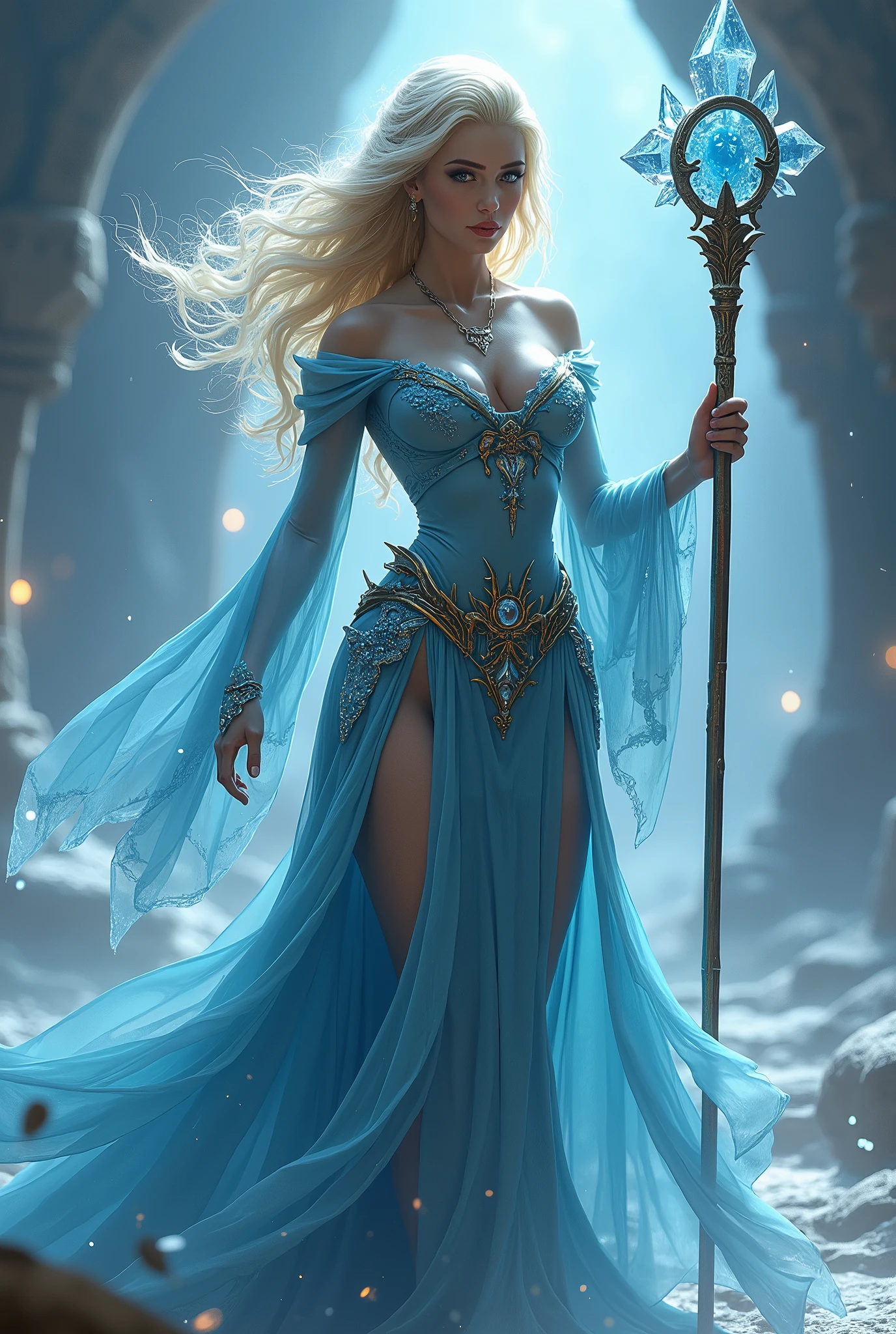 (masterpiece, photorealistic:1.4, extremely intricate:1.3), (photon mapping, radiosity, physically based rendering, ultra resolution, hyper-realistic, photorealistic:1.4, hyper-realistic, 8K), (((blonde buxom Sylph, large breasts))) blue silver sorceress, staff raised, ice power