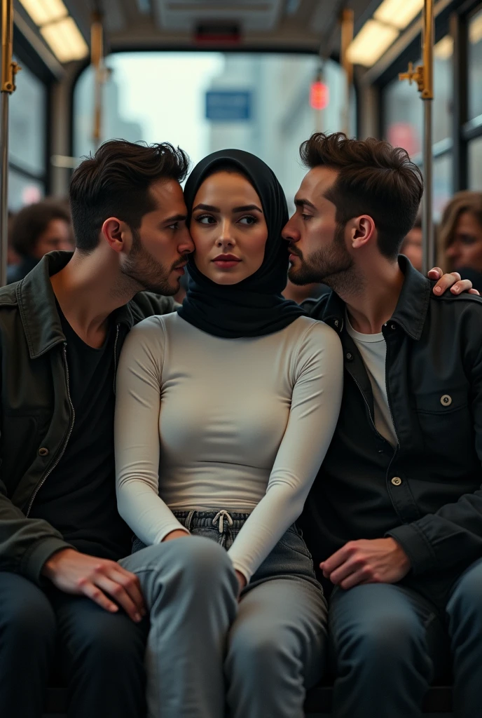 Black headscarf on a very crowded bus, white long sleeve t shirt,Sexy skinny woman in baggy grey sweatpants sitting between 2 men. Men touching women.(woman enjoys)