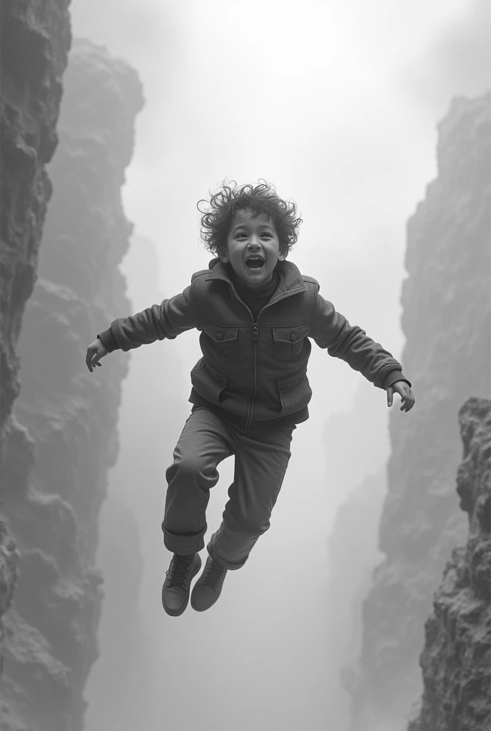 A boy who fall down from the sky . The image should be  black and white