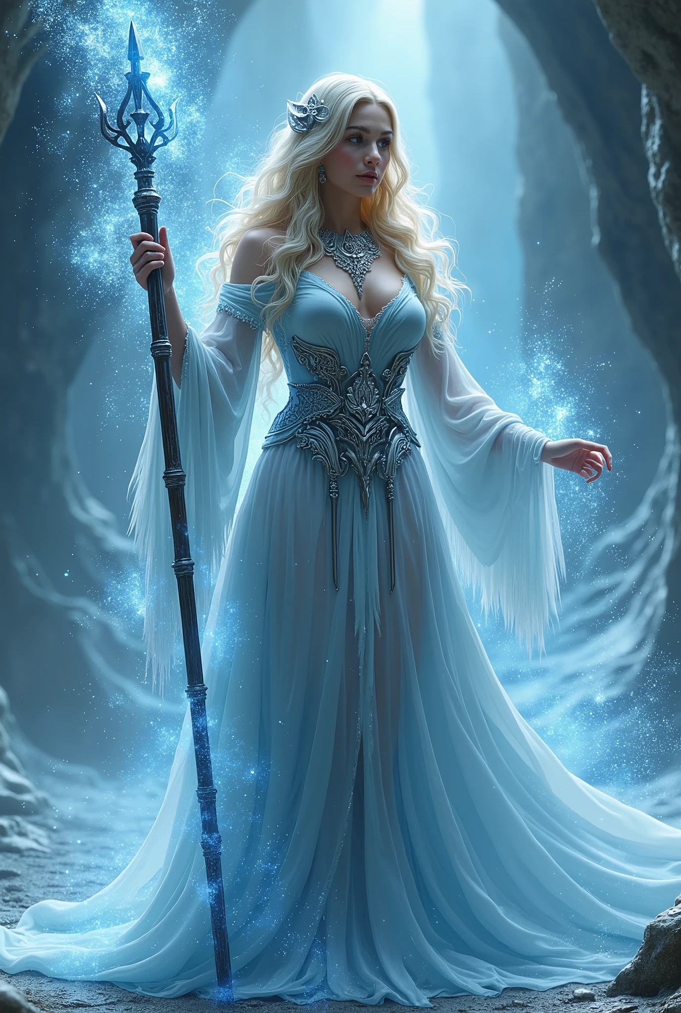 (masterpiece, photorealistic:1.4, extremely intricate:1.3), (photon mapping, radiosity, physically based rendering, ultra resolution, hyper-realistic, photorealistic:1.4, hyper-realistic, 8K), (((blonde buxom Sylph, large breasts))) blue silver sorceress, staff raised, ice power