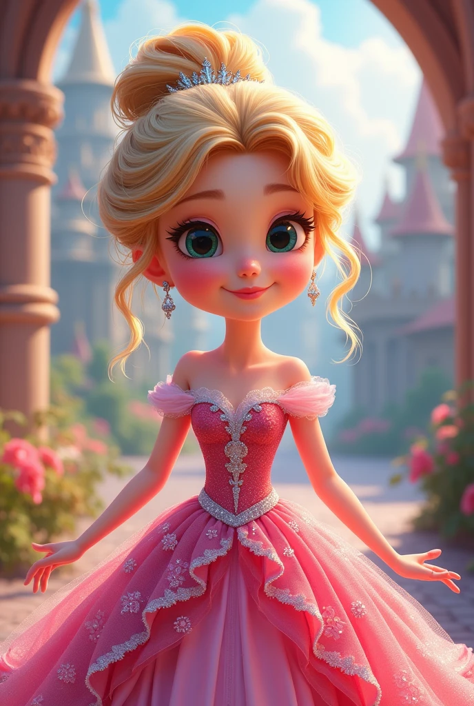 Create a cartoon of a , white, dark blonde hair, with princess dresses, with earring,