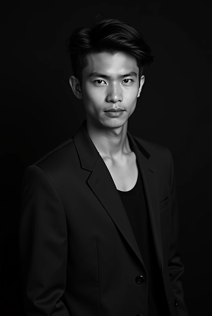 A professional black-and-white portrait of a handsome young indonesian man, dark hair. wearing modern stylish fashion. unique character and personality and style. The background is solid black, highlighting her features and creating a sleek, modern look. The lighting is soft and evenly distributed, emphasizing confident and approachable expression.