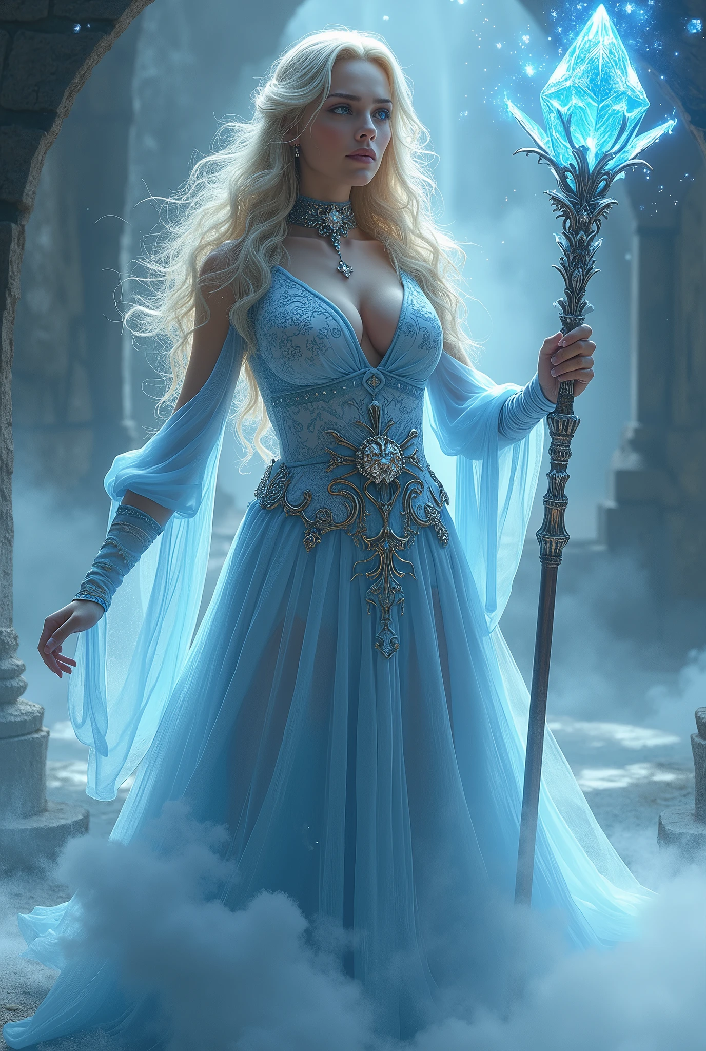 (masterpiece, photorealistic:1.4, extremely intricate:1.3), (photon mapping, radiosity, physically based rendering, ultra resolution, hyper-realistic, photorealistic:1.4, hyper-realistic, 8K), (((blonde buxom Sylph, large breasts))) blue silver sorceress, staff raised, ice power