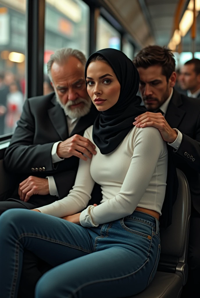 Black headscarf on a very crowded bus, white long sleeve t shirt,Jeans lusexy skinny woman sitting squeezed between 2 men. Men touching women.
