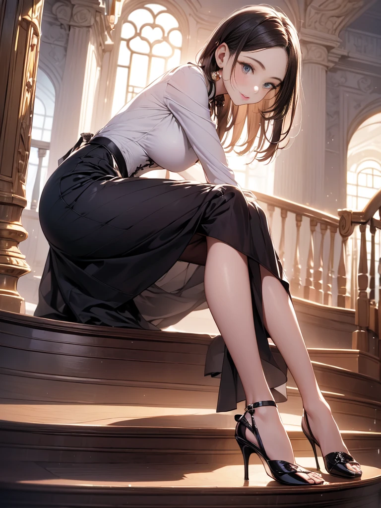 (masterpiece:1.3),(best quality, highest quality),((Full Body Shot,Including face)),1girl,4K,masterpiece,((Focus on the face)),((Symmetrical facial features)),Beautiful woman,slender,Beautiful feet,((enamel,Gloss,Striped long skirt,High heels,Black Garters,Tockings)),Detailed depiction of the face(Hotel,Sit on the spiral staircase:1.5),corset,Panty shot