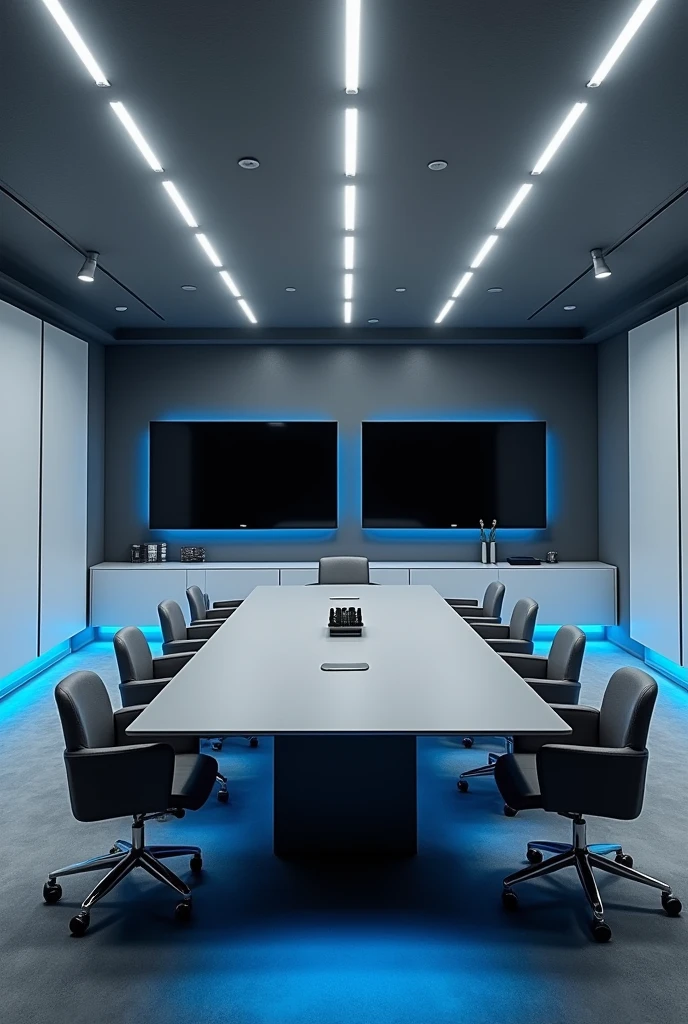 Office with 10-seat conference table in grey with white cabinets and blue lighting below, Grey and black walls and two televisions in front of the table