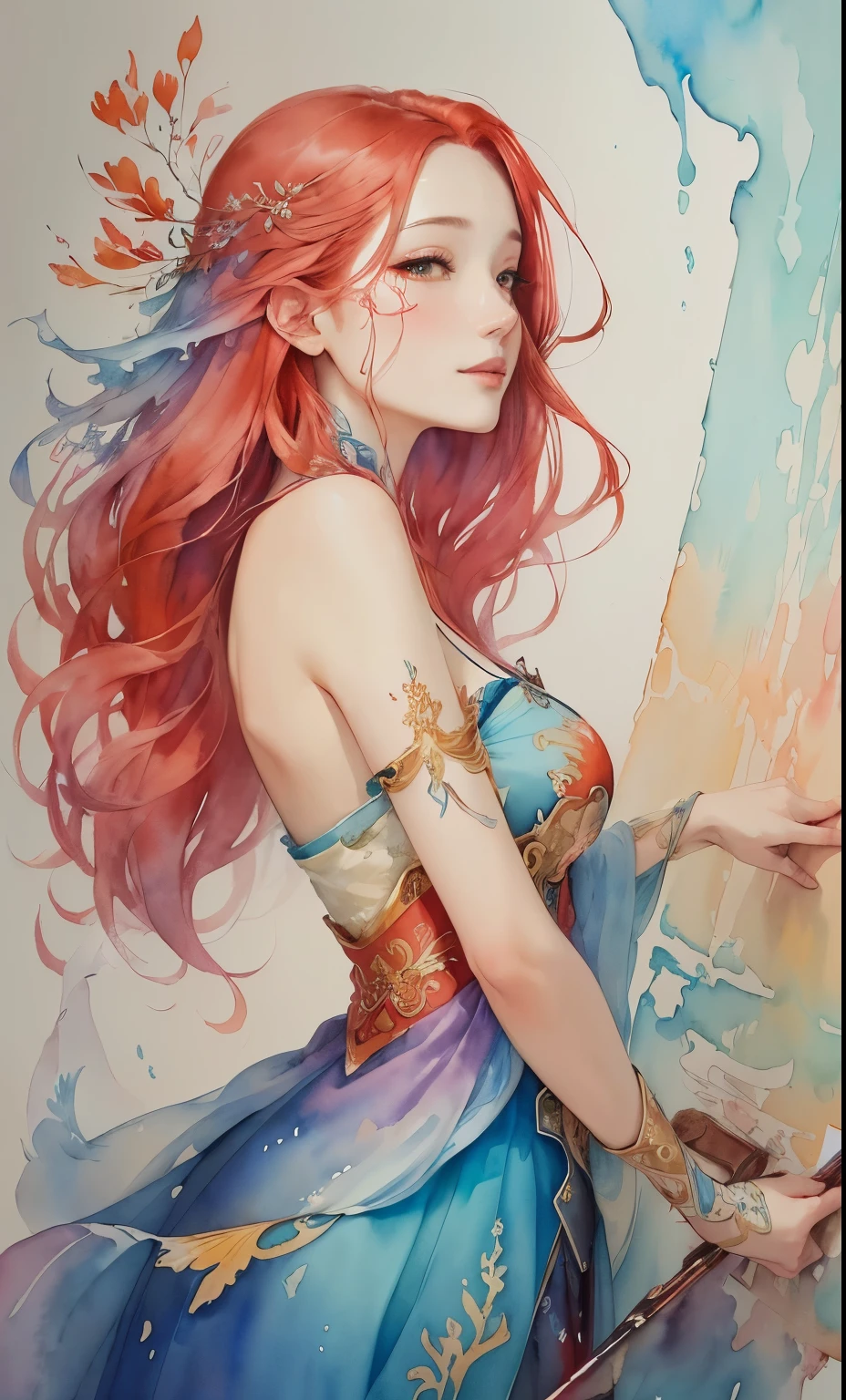 painting of a woman with long red hair and a blue dress, Detailed watercolor art, Fantasy Watercolor, fantasy water color, watercolor painting, watercolor art, Beautiful character painting, Water painting art, watercolor painting, water color, jinyoung blackhead art, by Ni Tian, water color, RossDraws Vibrant Pastel, watercolor painting, Inspired by Miho Hirano, water color painting