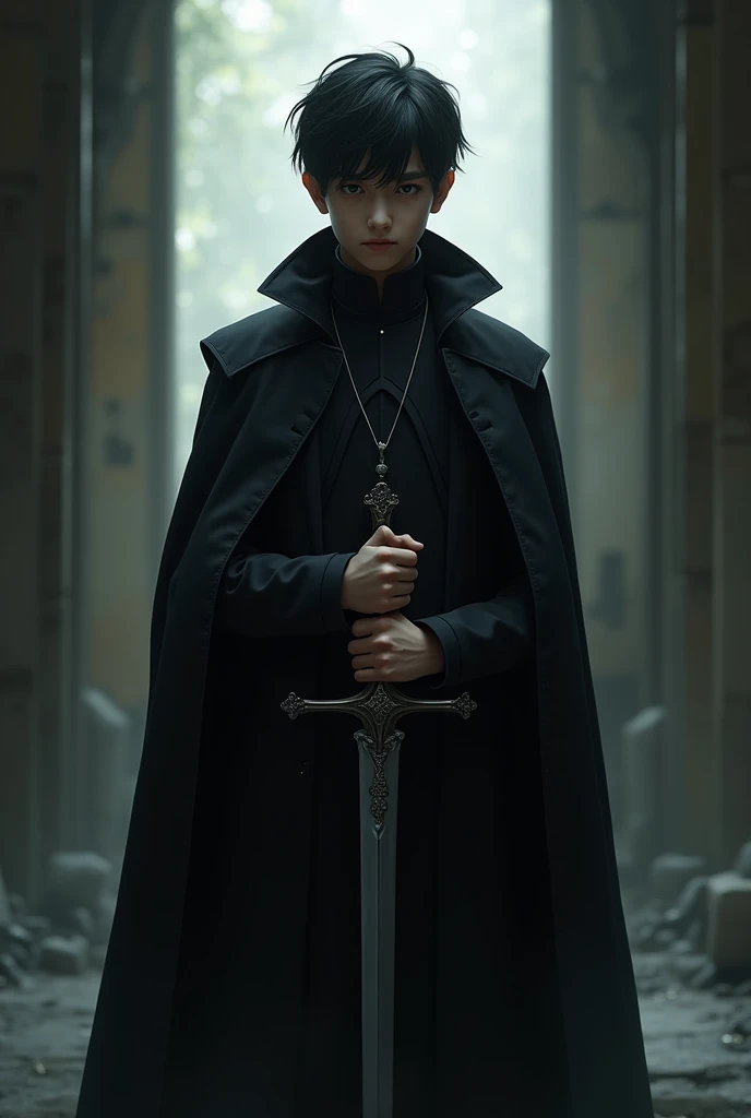 Young human cleric with black overcoat and cross necklace, and with a small sword.