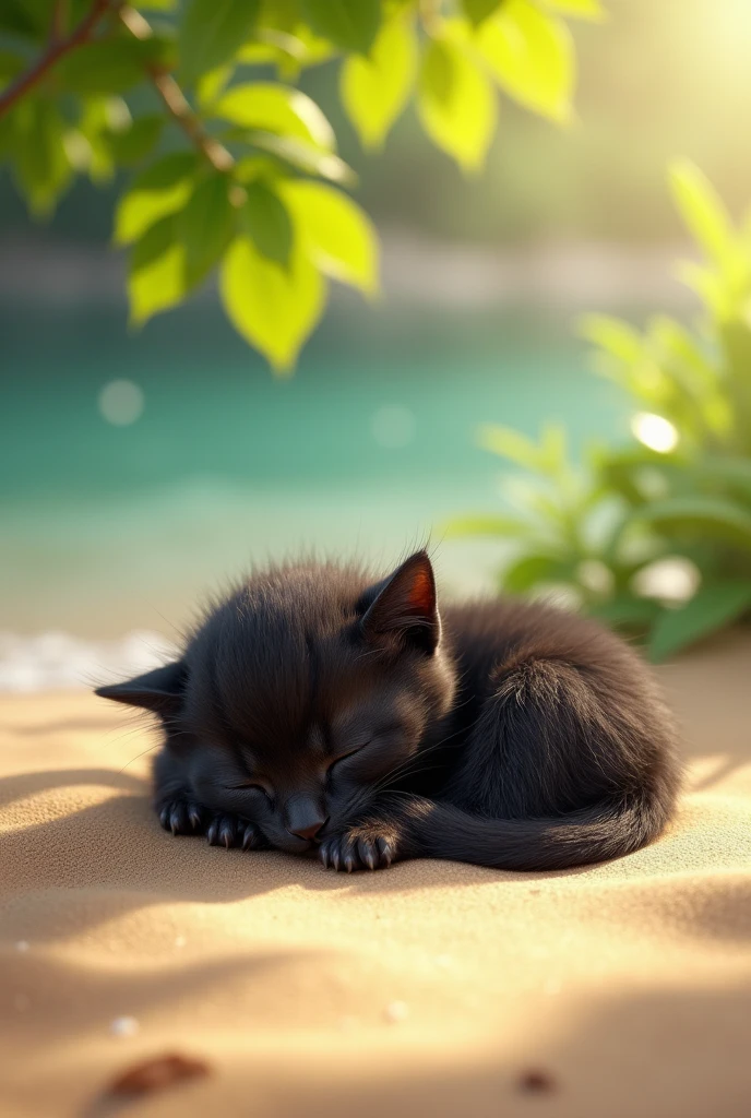 Black cat baby、Nap on the beach、Warm spring sunshine