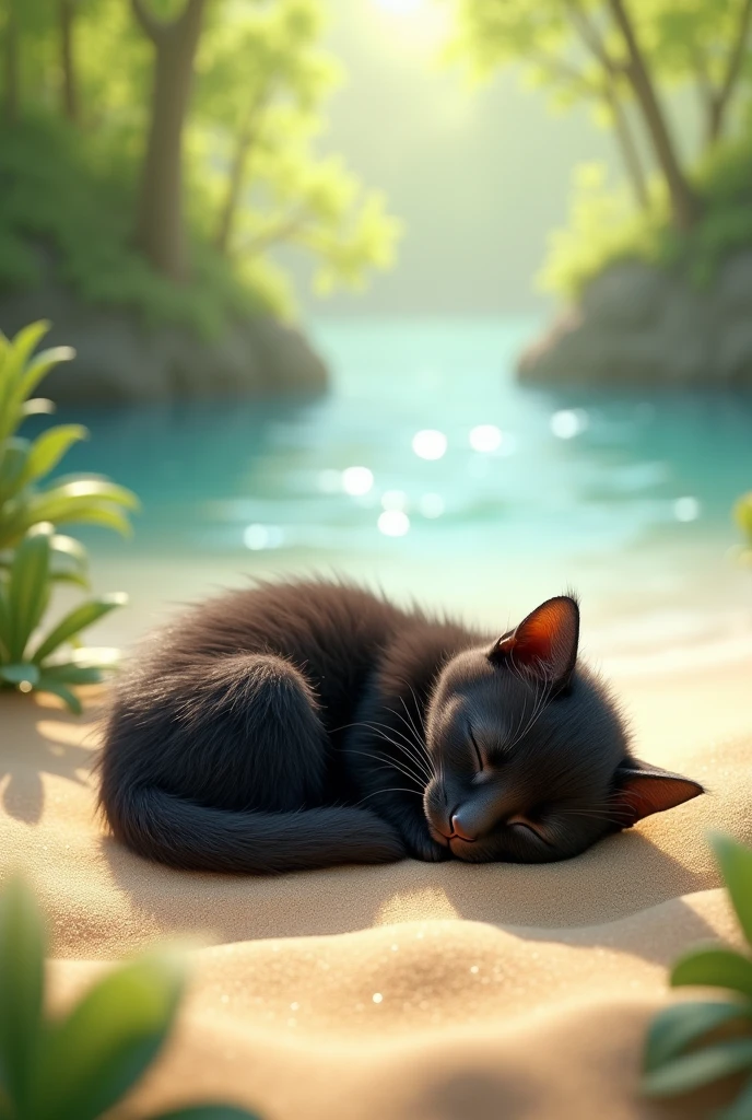 Black cat baby、Nap on the beach、Warm spring sunshine