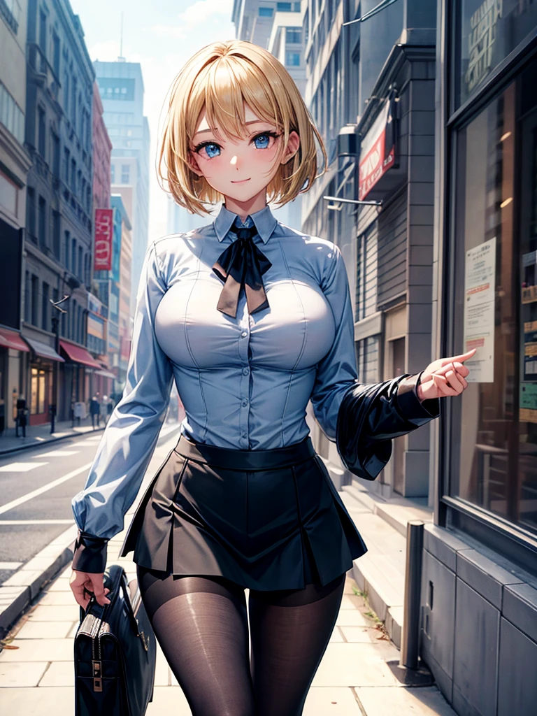 Anime style, super fine illustration, highly detailed, beautiful detailed, perfect detailed, super high quality image, static representation, gentle expression, happy expression, the pretty image, super stylish, 8k, beautiful face, handsome face, perfect & pretty 1girl with blonde straight short hair & blue eyes & a bright smile & full bust & soft fair skin is a career woman supervisor who is not to show her skin wearing big light blue business shirt & black summer tailored jacket & black tight skirt & black pantyhose on the urban business buildings street, in the morning, solo, perfect fingers, no more fingers, no less fingers, perfect arms, no more arms, perfect legs, no more legs, no more hair, masterpiece.
