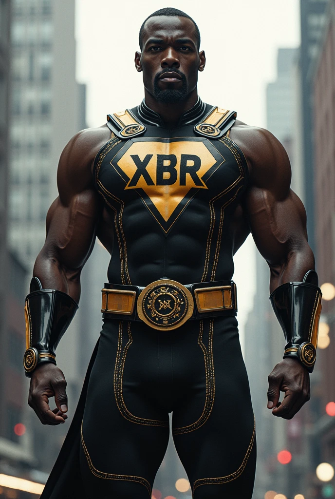 Make a classic strong man black power ranger with the acronym XBR on the chest and gold details