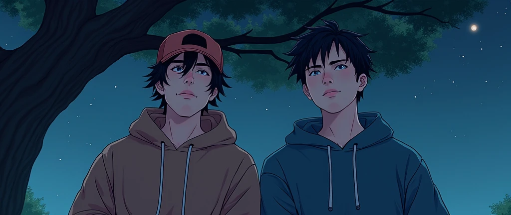 Two young men in hoodies smoking under a tree watching the stars, one wearing a cap and the other Chinese