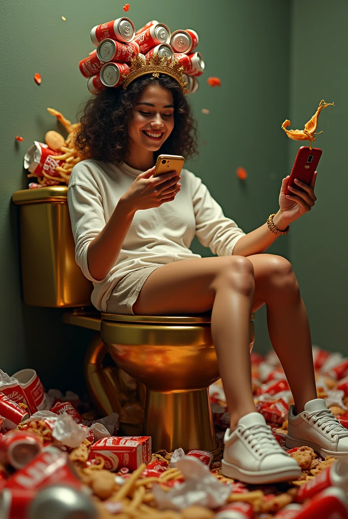 Concept: A person sitting on a gold-plated toilet, surrounded by an excess of fast food wrappers, with a crown made of soda cans. They’re holding a smartphone in one hand and a fork dripping with sauce in the other, looking content but utterly disconnected.