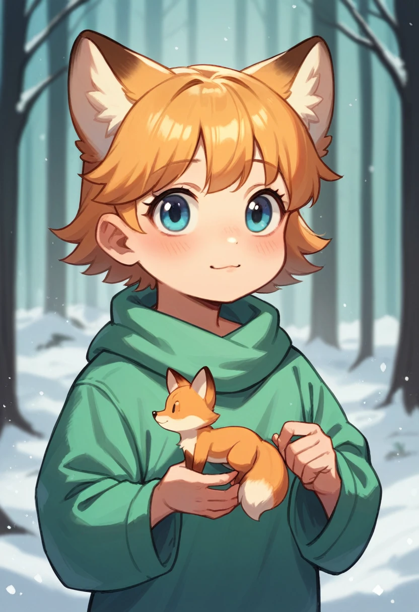 a little peach color ,Fox cub, fox cub Small , in a winter forest, alone, animal focus, Little puppy, non-human, Little,Fringe, puppy,It would look cute,focus anima