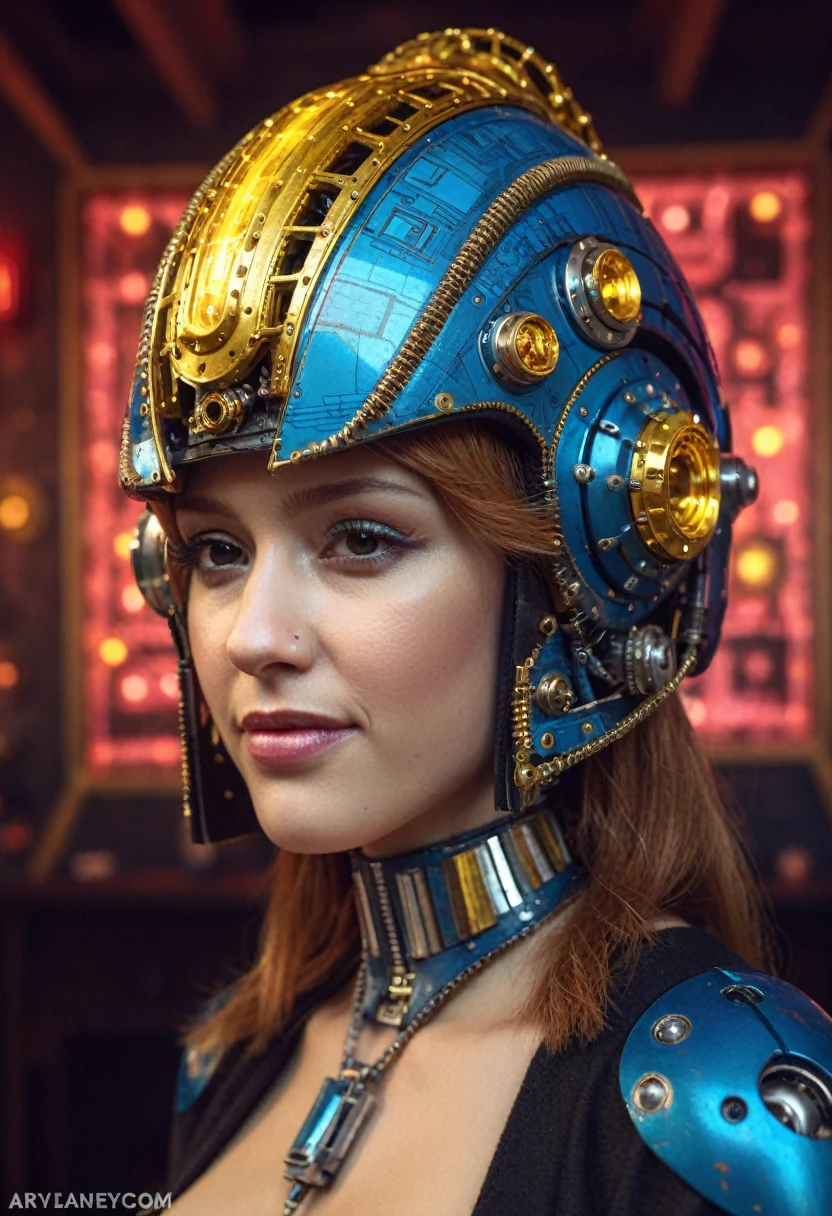 portrait of ((ohwx woman)) wearing an ornate cybernetic helmet, (massive_breasts), by jan van eyck and johannes vermeer. glowing lights intricate artwork masterpiece trending on artstation 8 k 150 mpx hdr cgsociety contest winner award winning photography beautiful lighting detailed realistic well proportioned headshot portrait unreal engine 5 extremely high quality wallpaper 4k octane render neon colors sharp focus illustration surrealism close up shot super wide angle shallow depth of field  