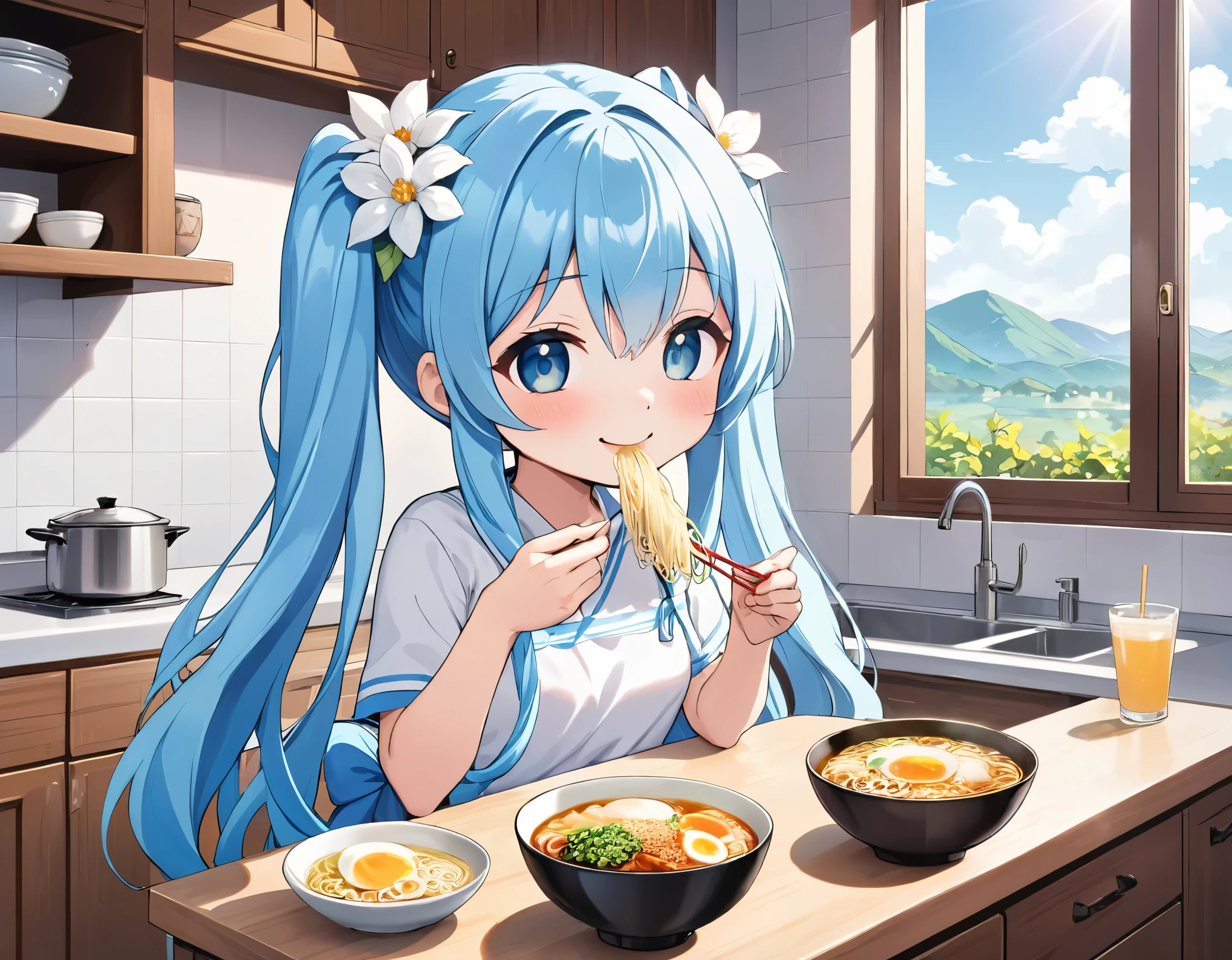 Bright, sunny kitchen、White flowers are displayed on the windowsill、Smiling and eating ramen in the kitchen。Light blue long hair、Twin-tailed Chibi Character、Eating voraciously