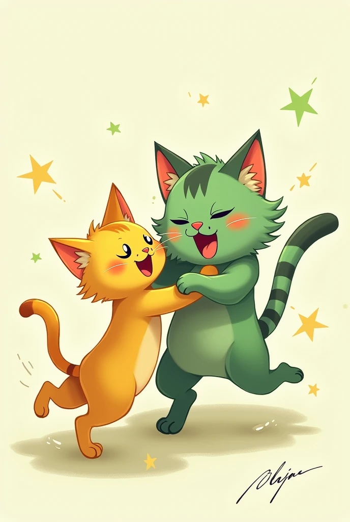 (Draw Style) Two cats playing together, one is yellow and the other is green