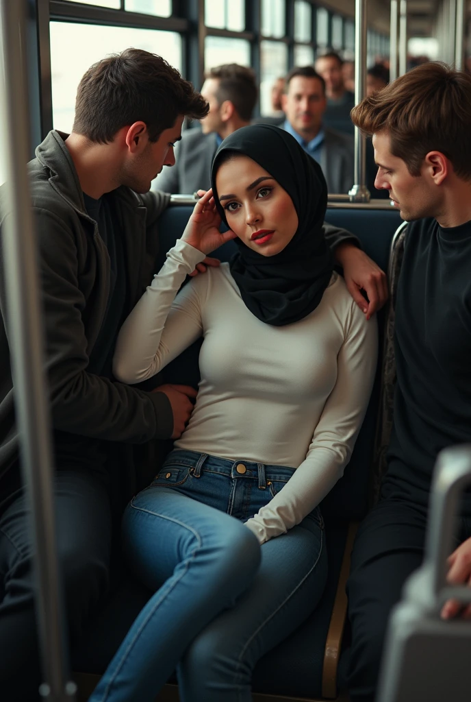 (masterpiece, best quality, 8k, RAW photo, beautiful and aesthetic:1.2), complex detail, Indirect light, photorealistic, full body, (sitting in train, black seats) Bohemian paisley circle skirt in earthy brown with a button-front closure, women , sitting chair , under skirt, thighhighs, underwear, (panties visible), pantyshot, glowing, closed eyes, sleeping, parted_lips, hijab