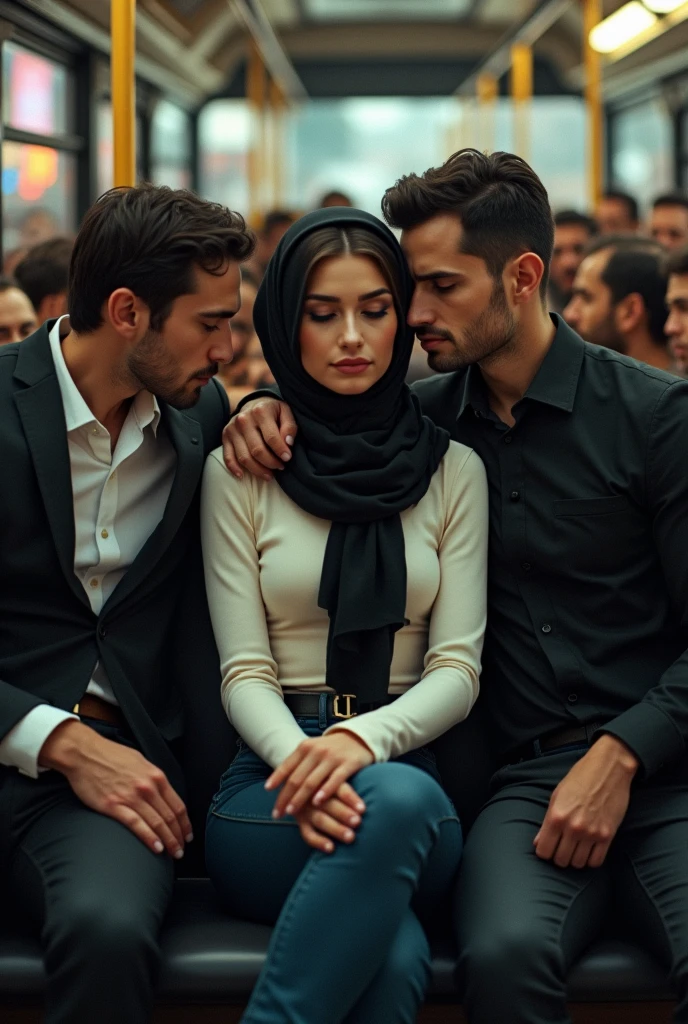 Black headscarf on a very crowded bus, white long sleeve t shirt,Sexy skinny woman in baggy grey sweatpants sitting on a man's lap. (The man is smiling). A man sitting next to them is touching the woman.