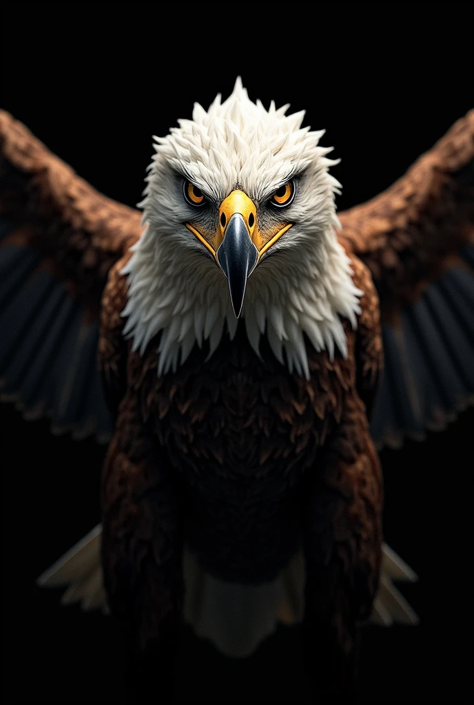 face of an eagle in focus with black background, wings open