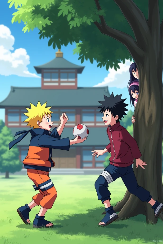 Naruto Uzumaki from the anime Naruto in the form of an child playing with Sasuke Uchiha from the anime Naruto of the same age playing with the ball in front of the academy and both Hinata and Sakura watching them from behind the tree Anime,