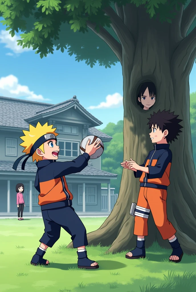 Naruto Uzumaki from the anime Naruto in the form of an child playing with Sasuke Uchiha from the anime Naruto of the same age playing with the ball in front of the academy and both Hinata and Sakura watching them from behind the tree Anime,