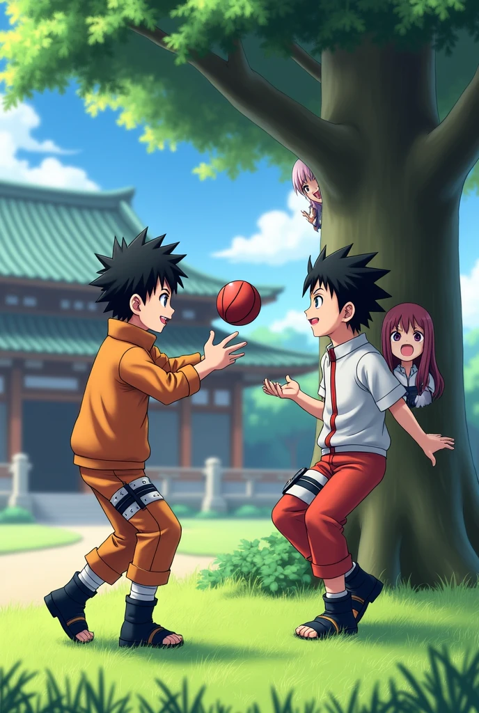 Naruto Uzumaki from the anime Naruto in the form of an child playing with Sasuke Uchiha from the anime Naruto of the same age playing with the ball in front of the academy and both Hinata and Sakura watching them from behind the tree Anime,