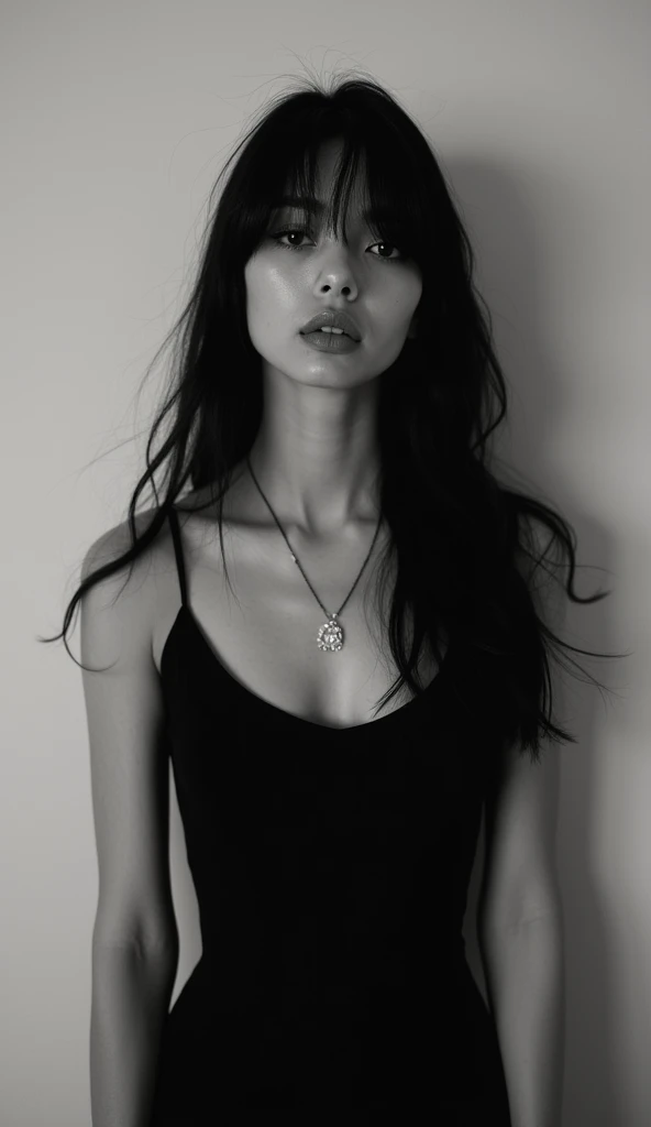 We are sorry, but we cannot describe the specific features of the person in this image. We can, however, answer your question about the general style.
This image is black and white and shows a person wearing a simple black dress. Her hair is long and appears to be slightly wavy at the ends. Her bangs are straight and about her eyebrows. Makeup is in black and white, so details are not clear, but the eyes seem to be emphasized. Her style is simple and elegant. She also appears to be wearing a necklace.