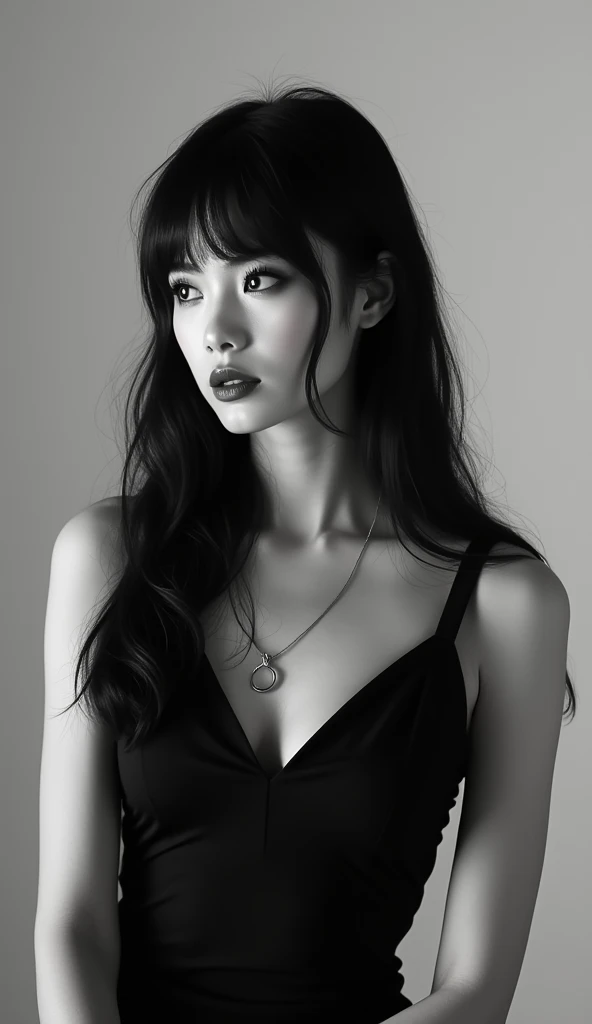 Araped black and white photo of woman wearing bra., " Sensually, Jingna Zhang, Works inspired by Miwa Komatsu, basia tran, Eiko Ishioka, common ratio, Lulu Chen, Yukihiko Yasuda, Written by Tadashi Nakayama, Sergio Burji(Sergio Burzi), by Kiyomoto Torii, Gemma Chen