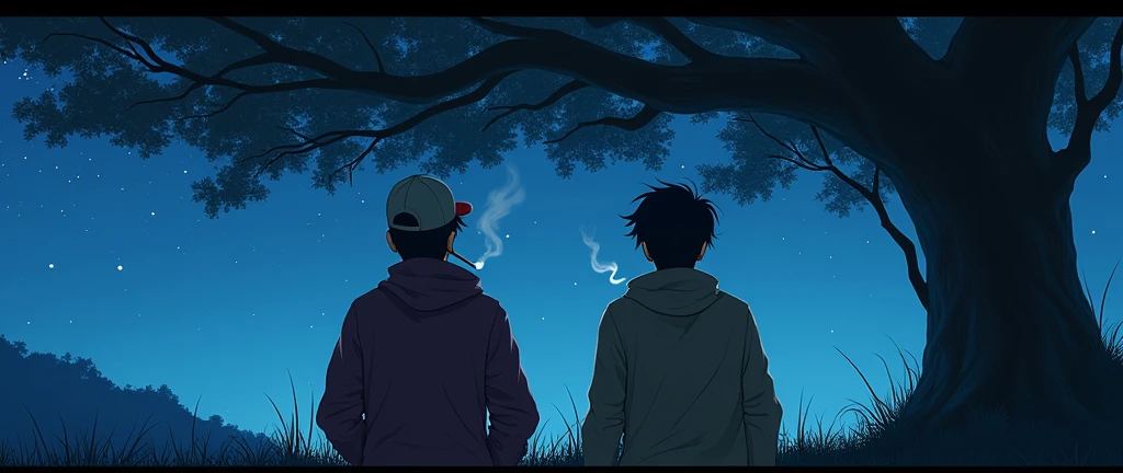 Two young men in hoodies smoking under a tree watching the stars, one wearing a cap and the other Chinese