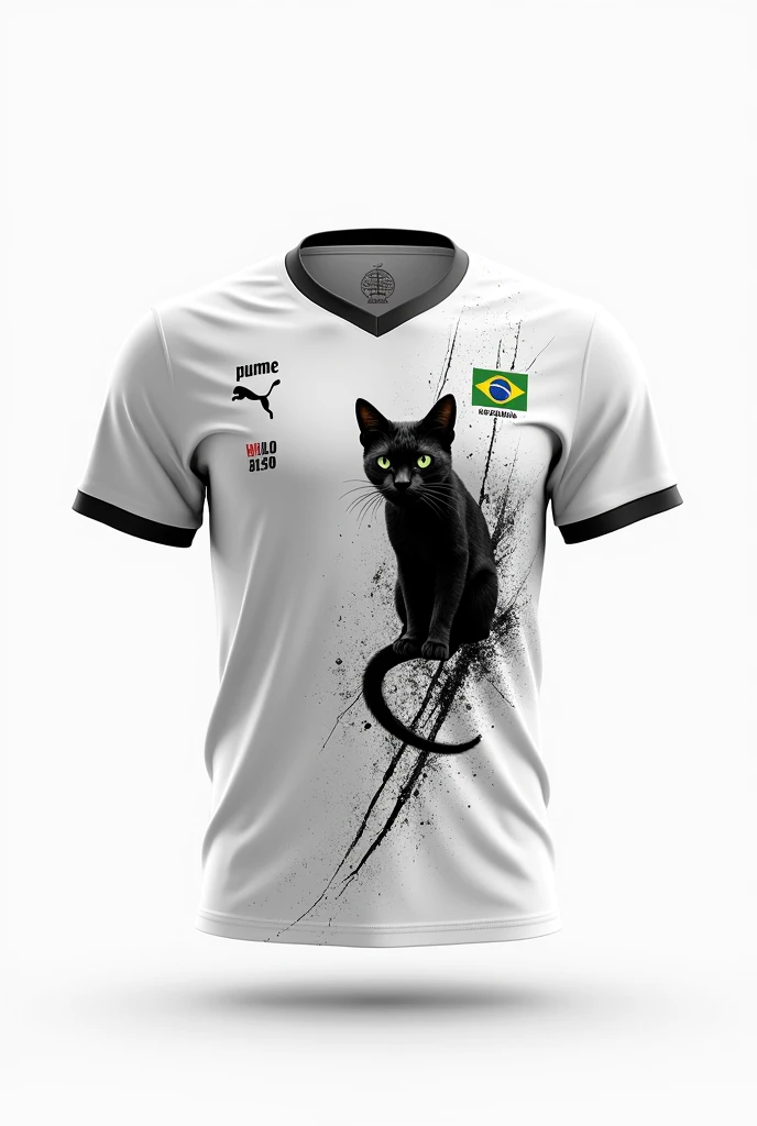 Make the back of a white interclass shirt, whose front part is already made and contains a small black wild pampas pampas cat in the opponents, and with black scratch details on the shirt and in the upper left corner of the chest area, place the Puma symbol, This part of the shirt must contain the number 7 with the name so-and-so written on top and a small Brazilian flag a little below the collar and below the number the name Palheiro Pampeano in small letters.